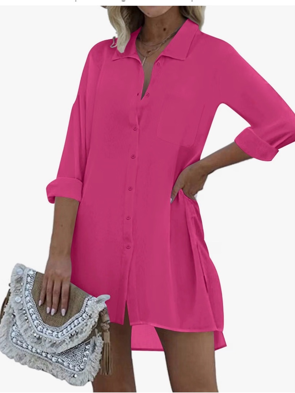 Women's Pink Button-Front Swim Cover-Up Shirt Dress